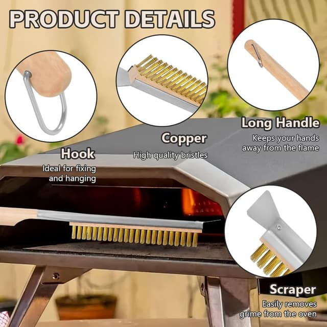 Detalle de OFFCUP Pizza Oven Brush (56cm) with Copper Brush, Scraper and Small Brush