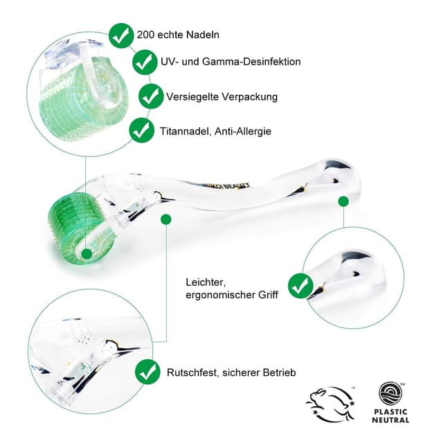 Detalle de KOI BEAUTY Derma Roller 0,75 – 200 echte Nadeln für Microneedling zu Hause (Gesicht, Kopfhaar, Bart & Körper)