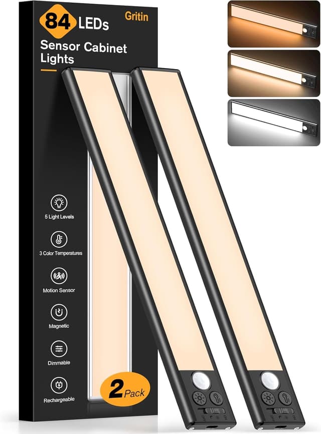 Detalle de Gritin 26 cm LED-Unterbauleuchten mit Bewegungsmelder, Schrankbeleuchtung (2er-Set, schwarz)