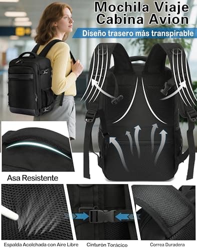 Detalle de KLOSTAIN Mochila de cabina para avión 45x36x20 cm (30 L) con compartimento para portátil de 15,6”