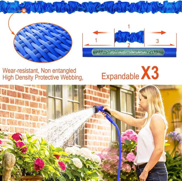 Detalle 2 de HOMOZE expandable garden hose pipe (Blue) with 3/4" and 1/2" fittings, anti-leak design, 10-function spray nozzle, 50ft