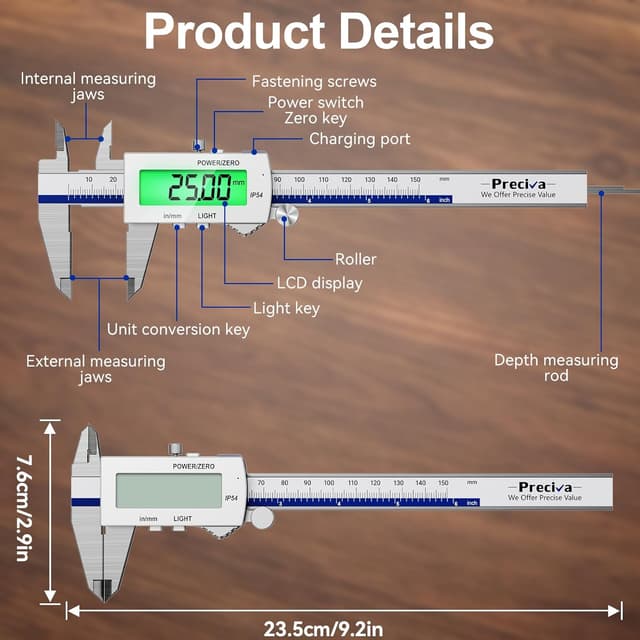 Thumbnail 6 de Pied à coulisse numérique Preciva 150 mm avec rétroéclairage et écran LCD (Rechargeable, IP54) – conversion mm/pouce