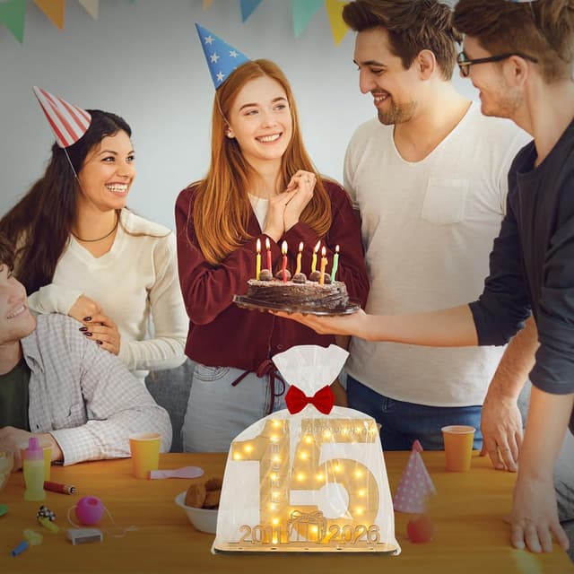 Thumbnail 6 de Seutgjie Deko zum 15. Geburtstag: LED-Lichterkette Geldgeschenk mit Fliege, Holzschild & Geschenkpapier (29 x 21 cm)