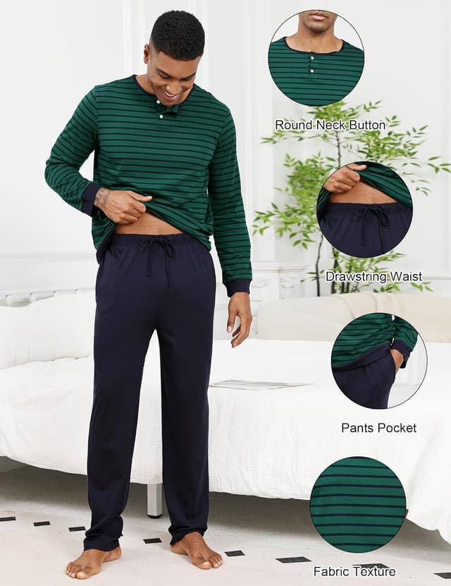 Detalle 2 de TeJoyce men’s 100% cotton striped long sleeve pyjamas set (T-shirt and pants, 2 piece)