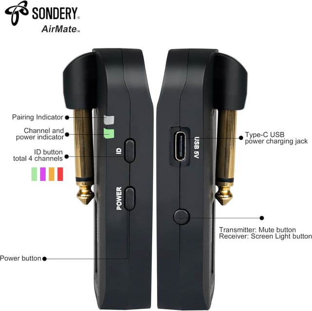 Detalle de Sondery Kabellos 5,8 GHz Gitarren- & Bass-Sender/Empfänger (digitales Funk-System, wiederaufladbar)