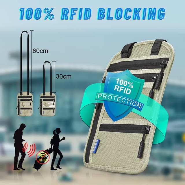 Detalle 2 de CORYIN Travel Neck Wallet Passport Holder with RFID Blocking and Waterproof Pouch – Light Grey