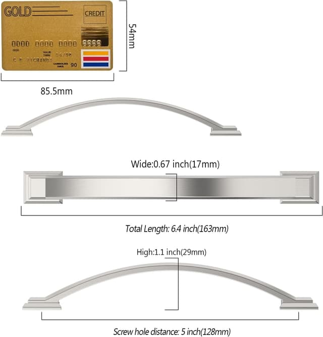Detalle 2 de Amerdeco set da 10 maniglie per mobili in nichel spazzolato, interasse fori 128 mm (UK0081)