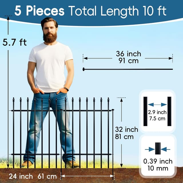 Detalle de Thealyn Metall-Gartenzaun dekorativ 81 cm hoch, 60 cm breit (5 Paneele, 3 m Gesamtlänge) – schwarz, ohne Graben