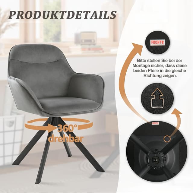 Detalle de Goeurvant Sedie da pranzo in velluto grigio scuro, set da 4 girevoli 360° con braccioli