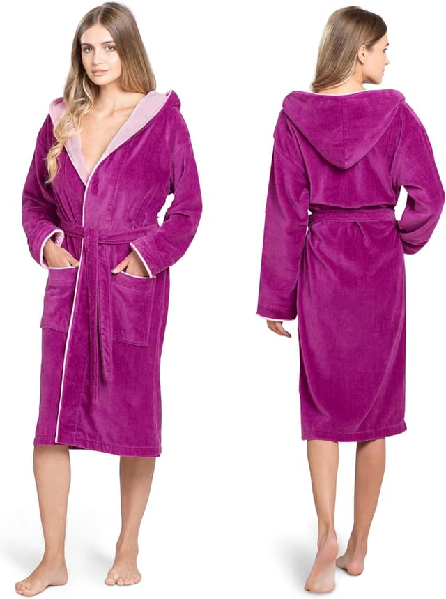Detalle 2 de Twinzen Damen-Bademantel aus 100% Baumwolle (Frottee-Velours) mit Kapuze, OEKO-TEX zertifiziert