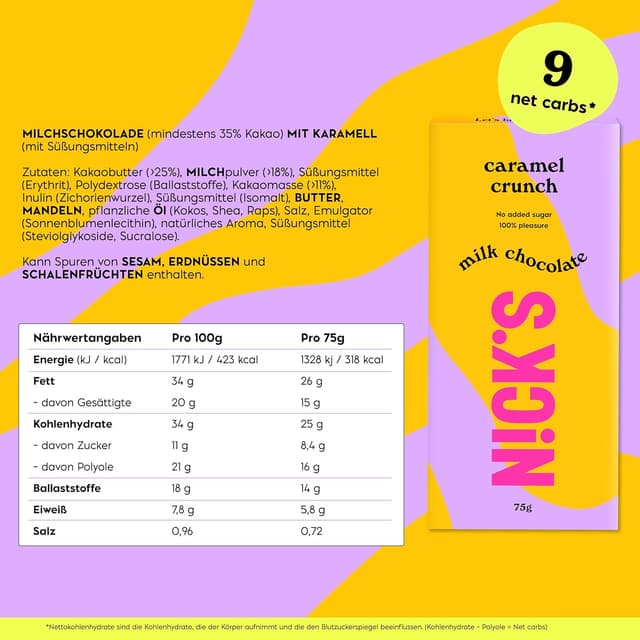 Detalle 2 de NICKS Milchschokolade Caramel Crunch 75 g 🍫