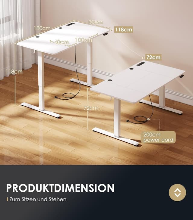 Detalle 2 de OffiGo höhenverstellbarer Schreibtisch 180x80 cm elektrisch mit USB & Steckdosen, 2-Positionen-Speicher