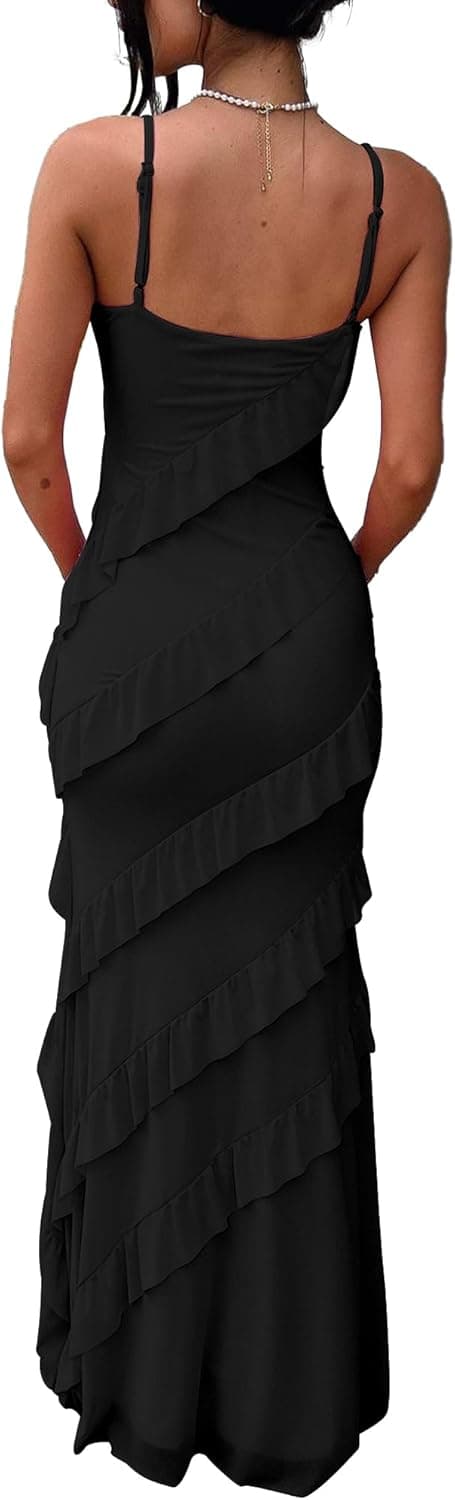 Detalle de HOCILLE Women’s V-Neck Backless Bodycon Maxi Dress with Ruffle Tassel Accents