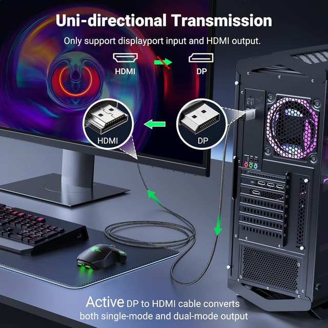 Detalle 2 de UGREEN 4K@60Hz DisplayPort to HDMI cable (DP 1.2 to HDMI 2.0, active) – Uni-directional HDR converter, braided aluminium build