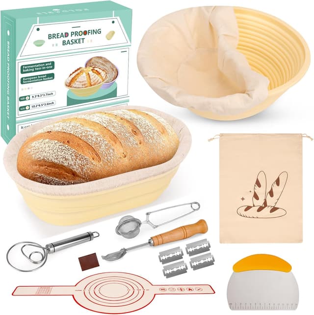 Detalle de TECHMUR Brotgärkorb-Set aus Silikon (23 cm rund & 25 cm oval) inkl. Teigschaber & Rostmesser