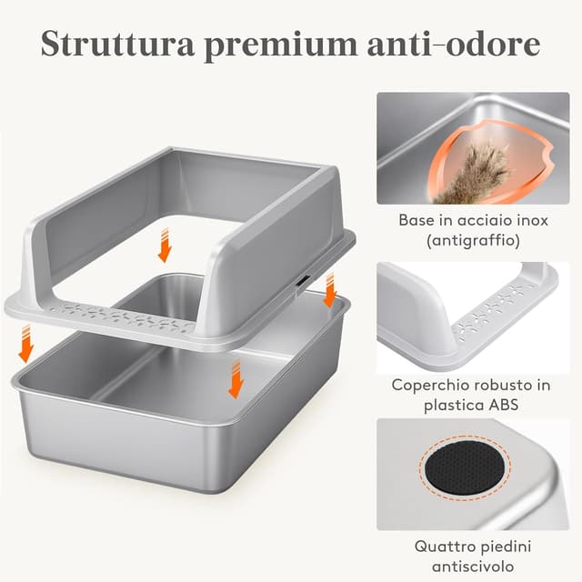 Detalle de Lifewit Lettiera per gatti in acciaio inox XXL con apertura e pala, 58 x 38 x 26 cm, grigio