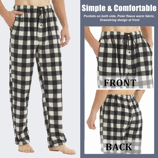 Detalle de YUSHOW 2er Pack Herren-Schlafanzughosen aus Fleece mit Kordelzug und Taschen (kariert, Winter)