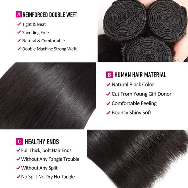 Detalle 2 de Straight Bundles Human Hair 16-Inch Brazilian Straight Hair Bundles (16/16/16) — 100% Unprocessed Virgin Hair Weave