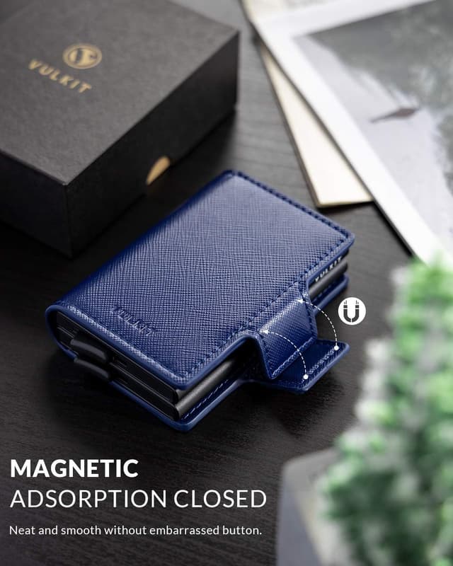Detalle de VULKIT Double Credit Card Holder RFID Blocking Pop Up Metal Card Holder Leather Wallet with Magnetic Closure