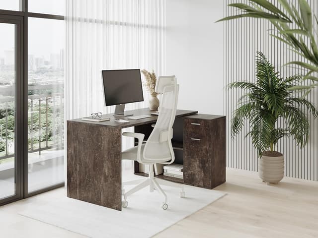 Detalle 2 de RICOO Eckschreibtisch mit Stauraum in Betonoptik (WM083-BG) – L-Form mit Schubladen, 136×101×75 cm