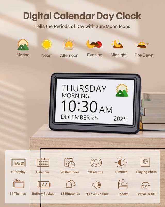 Detalle 2 de 7" Day and Date Clock with 20 Alarms
