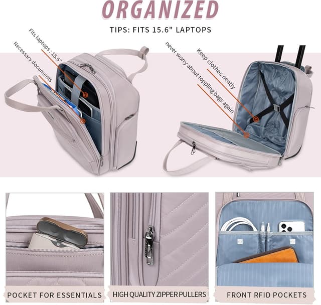 Detalle 2 de VANKEAN Laptoptasche mit Rollen für 16-Zoll-Unterseite (Overnighter) – leichter Rollenkoffer für Reisen, Business & Arbeit, Rosa