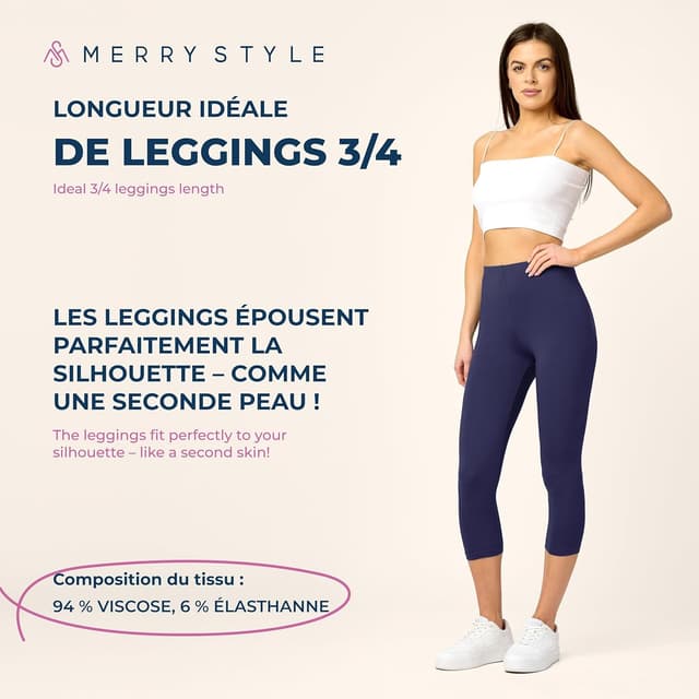Detalle de Merry Style legging 3/4 femme en viscose – pantacourt confortable pour sport, yoga et maison