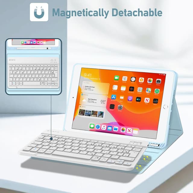 Detalle de FINTIE Tastatur Hülle für iPad 10,2 Zoll (9./8./7. Gen., 2019–2021) mit QWERTZ, TPU-Rückschale und Stifthalter – Himmelblau