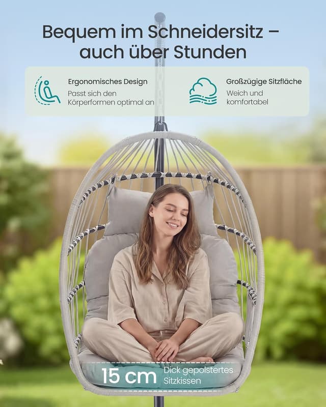 Detalle de SONGMICS Hängesessel mit Gestell GDC050WZ01 – höhenverstellbarer Korb, klappbar & abnehmbar