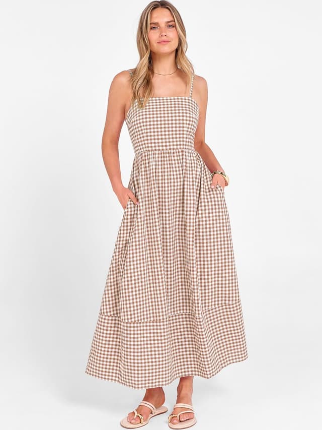 Detalle de Caracilia Women’s Gingham Spaghetti Strap Back Smocked Maxi Dress (Rayon) with Pockets