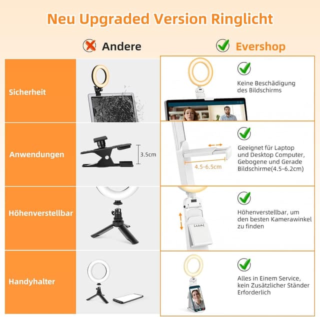 Thumbnail 6 de Evershop 5'' LED-Ringlicht mit Stativ & Handyhalter – 3 Lichtfarben, 10 Helligkeitsstufen, 360° drehbar