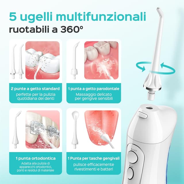 Detalle 2 de COSLUS C20 idropulsore dentale portatile senza fili ricaricabile IPX7, 300 ml