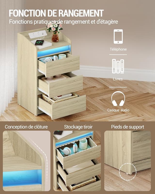 Detalle de Hzuaneri NS40016X table de chevet avec 3 tiroirs, station de charge et LED