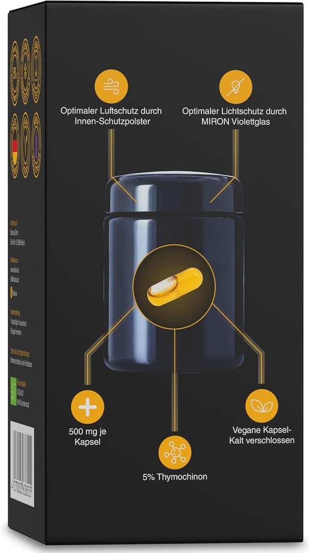 Detalle de Premium BIO Schwarzkümmelöl Kapseln (Nigella sativa) – 5.000 mg Thymochinon, 60 vegane Kapseln im lichtgeschützten Violettglas