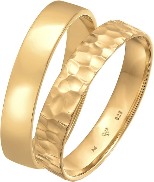 Detalle de Kuzzoi Herrenringe Ring Set Silber (2 Stück) aus 925 Sterling Silber vergoldet – Bandring Basic & Hammerschlag, Größe 60–66