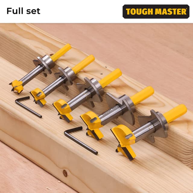 Detalle de Forstner Bits TOUGH MASTER 5-Piece TCT Set (15mm–35mm) with Depth Stop, 2 Hex Keys & Heavy-Duty Case