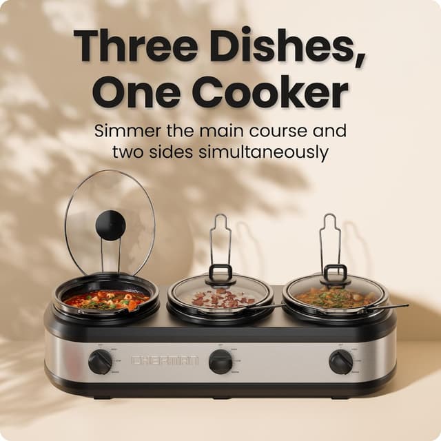 Detalle 2 de Chefman Triple Slow Cooker & Food Warmer with 3 Ceramic Crocks (7.5-Quart Total, PFAS-Free)