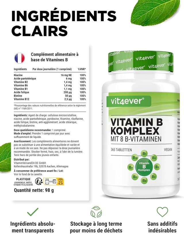 Detalle de Vit4ever Complexe de Vitamines B (365 comprimés, vegan) – 1 comprimé/jour pour 12 mois