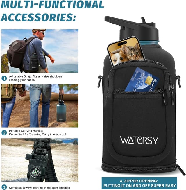 Detalle 2 de WATERSY 64oz Insulated Water Bottle (Cold 48 Hours) — BPA-Free, Leak-Proof Half-Gallon Flask with Straw Lids