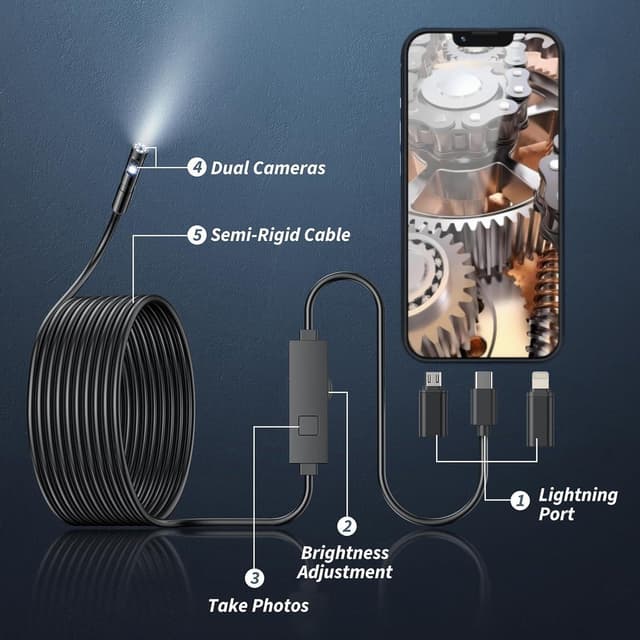 Thumbnail 6 de Dual-Lens Endoscope Inspection Camera with Lights (1920P HD) and Semi-Rigid Snake Lens – UseePlus-style app support
