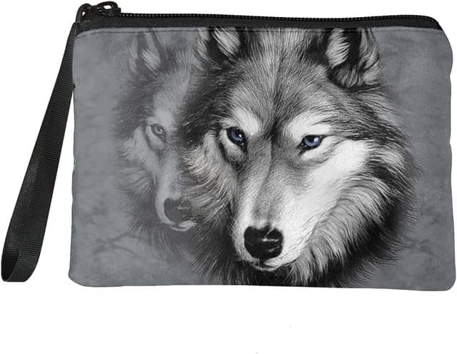 Detalle de Chaqlin women’s coin purse flannel mini wallet pouch (grey wolf print) with wrist strap