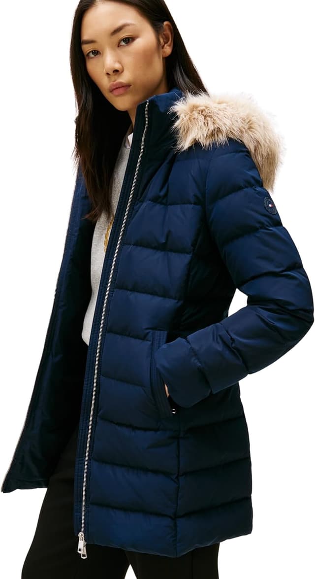 Detalle de Tommy Hilfiger women’s MW Down slim coat with fur hood trim (puffer jacket)