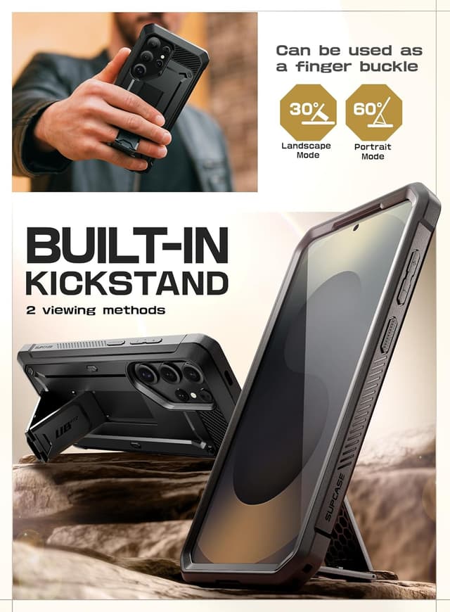 Detalle 2 de SUPCASE for Samsung Galaxy S25 Ultra Case with Stand (Unicorn Beetle Pro) — built-in screen protector, kickstand & rotating belt-clip, Black