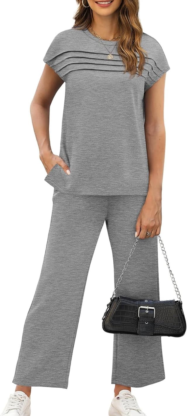 Detalle 2 de WIHOLL Two-Piece Women’s Cap Sleeve Lounge Set with Wide-Leg Crop Pants (S–3XL)