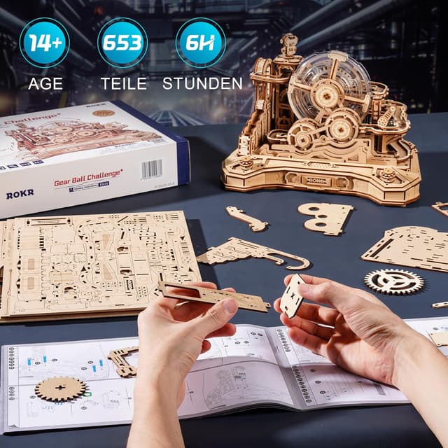 Detalle de ROKR 3D Puzzle Holz Kugelbahn Modellbausatz für DIY-Rennen (Gear Ball Challenge, 653-teilig)