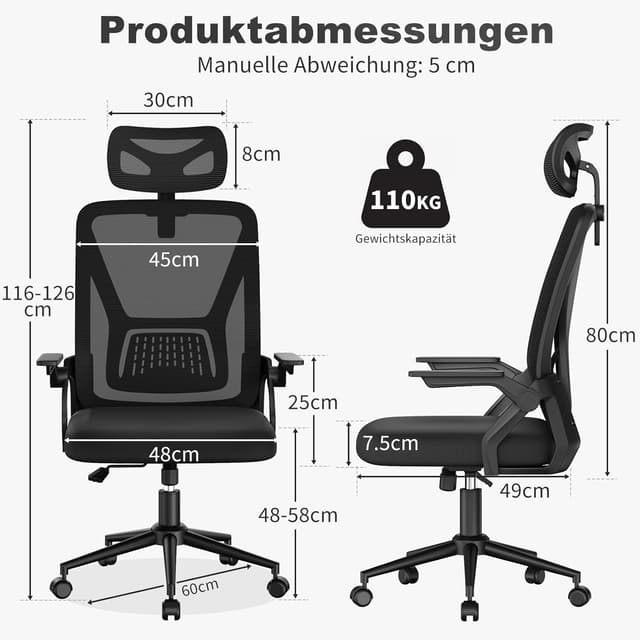 Detalle de naspaluro Ergonomischer Bürostuhl mit 90° klappbaren Armlehnen, Mesh-Polster und verstellbarer Kopfstütze (Schwarz)
