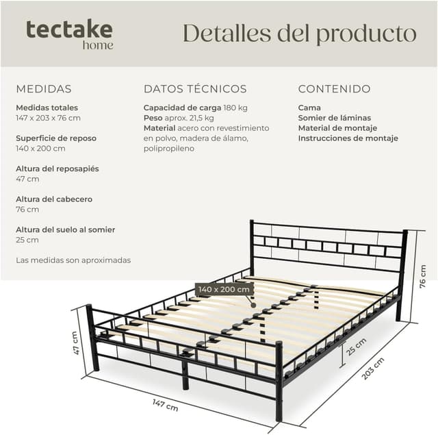 Thumbnail 2 de tectake Cama Matrimonio 140x200 acero