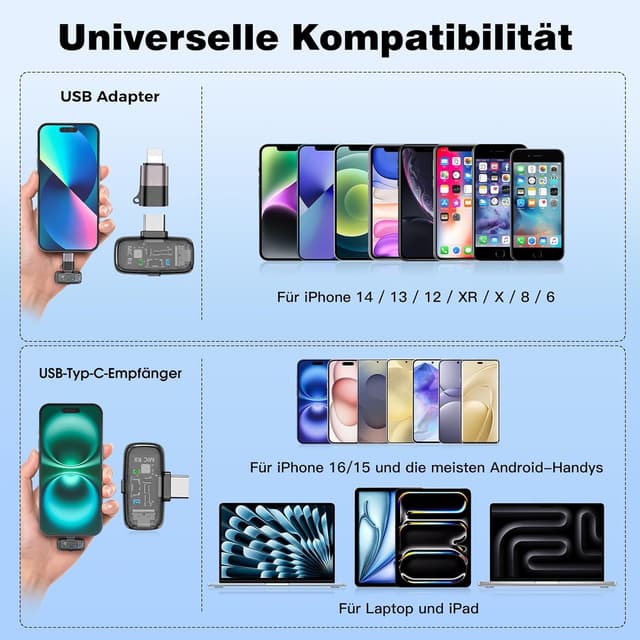 Detalle 2 de ZealSound Mini kabelloses Lavalier-Mikrofon für iPhone, Android & iPad (USB‑C/Lightning, ANC, 33 h Akku)