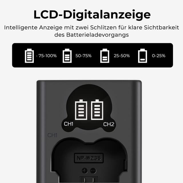 Detalle 2 de K&F CONCEPT NP-W235 Akku-Ladegerät-Set (Dual Slot) für Fujifilm NP-W235 – 2× 2200 mAh, mit USB-Ladegerät