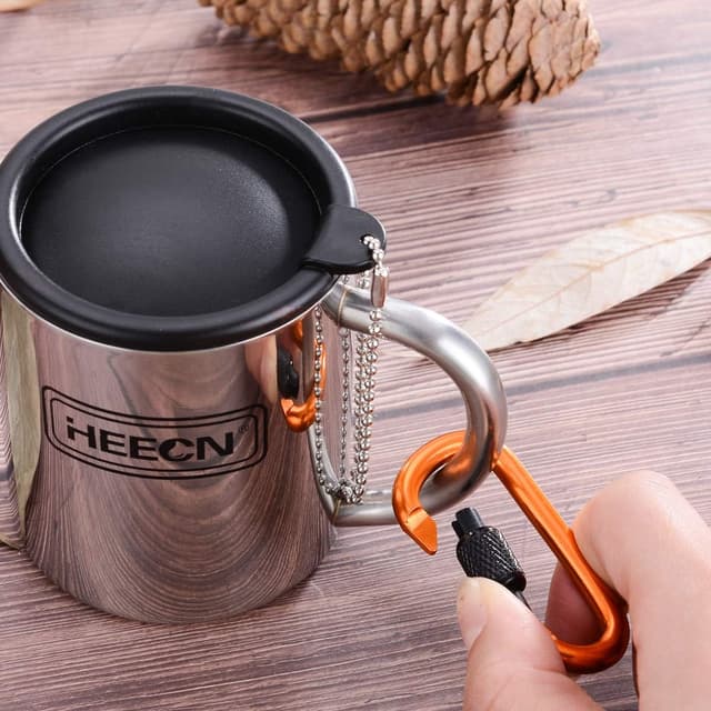 Detalle de HEECN tazza da caffè da campeggio in acciaio inox a doppia parete da 200 ml con coperchio e moschettone